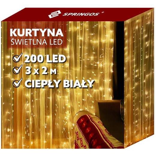 Kurtyna świetlna ciepły biały 200 Led 3x2 m lampki wewnętrzne z programatorem USB