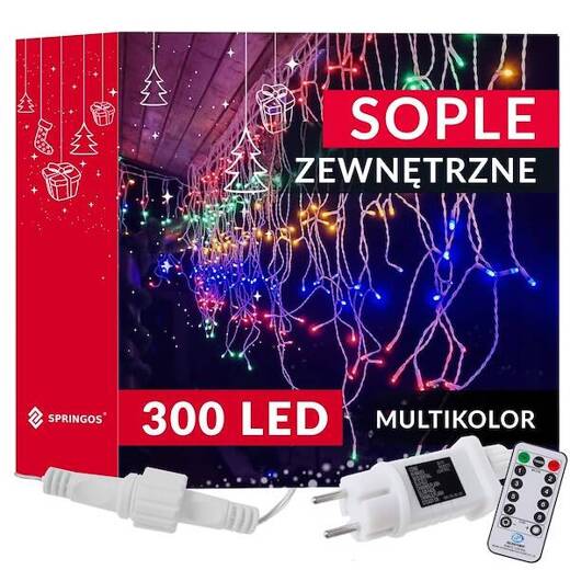 Kurtyna świetlna z pilotem 300 led girlanda, lampki wewnętrzno-zewnętrzne sople multikolor