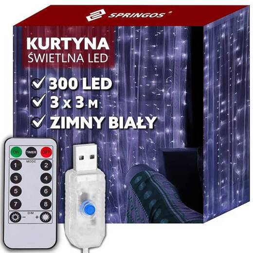 Kurtyna świetlna zimny biały 300 Led 3x3 m lampki wewnętrzne z programatorem USB