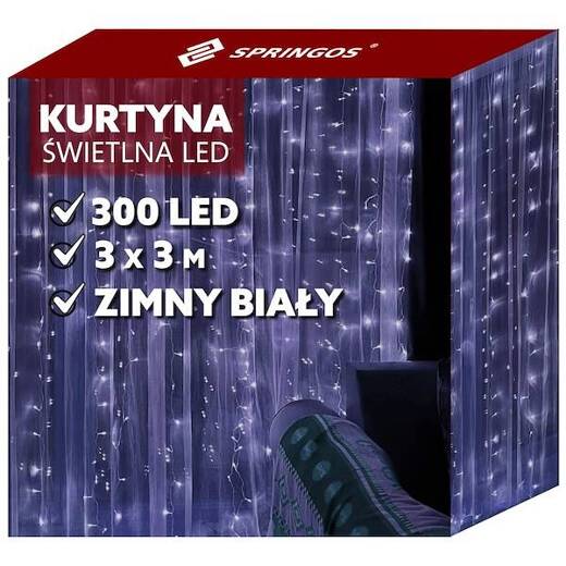 Kurtyna świetlna zimny biały 300 Led 3x3 m lampki wewnętrzne z programatorem USB