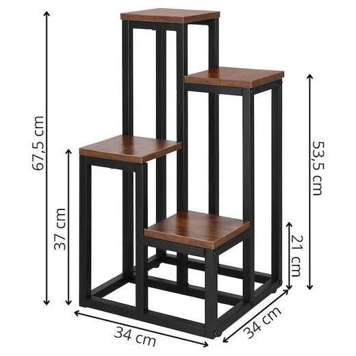 Kwietnik metalowy 67,5 cm stojak na kwiaty z 4 półkami loft czarno-brązowy