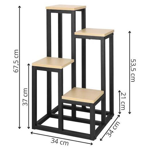 Kwietnik metalowy 67,5 cm stojak na kwiaty z 4 półkami loft czarny, jasnobrązowy