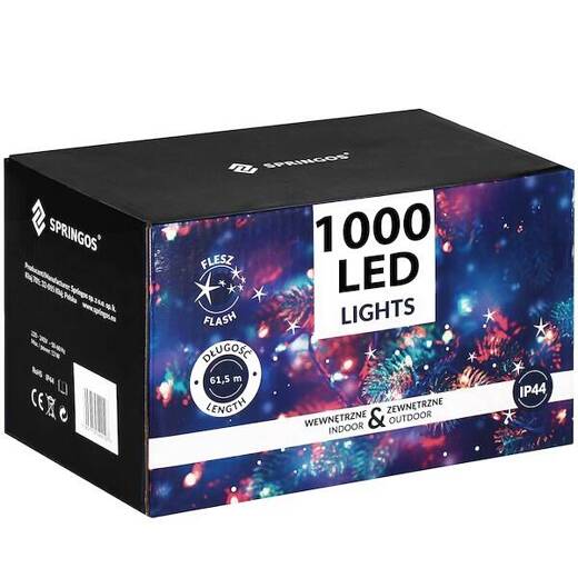 Lampki choinkowe 1000 Led biały zimny, flash niebieski 61,5 m oświetlenie świąteczne IP44