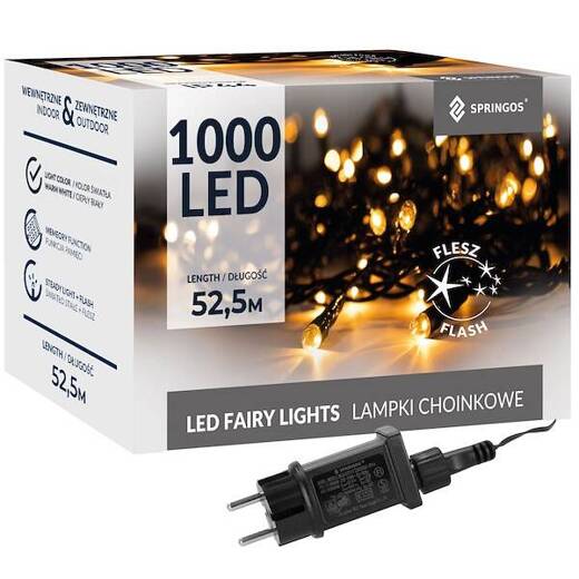 Lampki choinkowe 1000 led ciepły biały + flash 50m oświetlenie świąteczne IP44