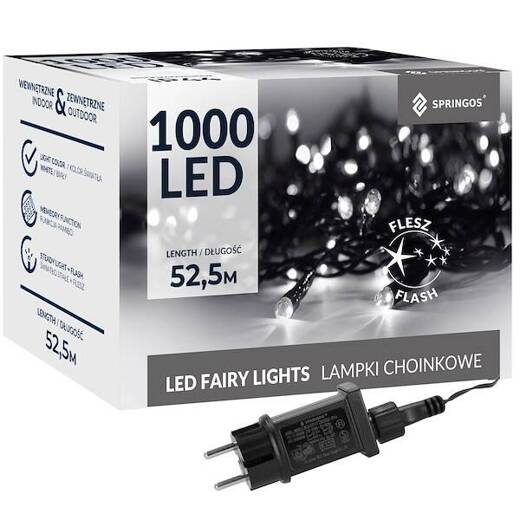 Lampki choinkowe 1000 led zimny biały + flash 50m oświetlenie świąteczne IP44