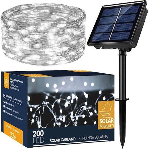 Lampki choinkowe 200 Led 22 m druciki zimny biały oświetlenie świąteczne solarne