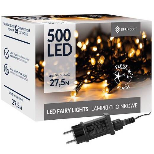 Lampki choinkowe 500 led biały ciepły + flash 25m oświetlenie świąteczne IP44