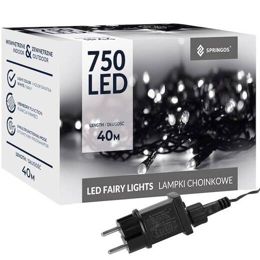 Lampki choinkowe 750 led biały zimny + flash 40m oświetlenie świąteczne IP44