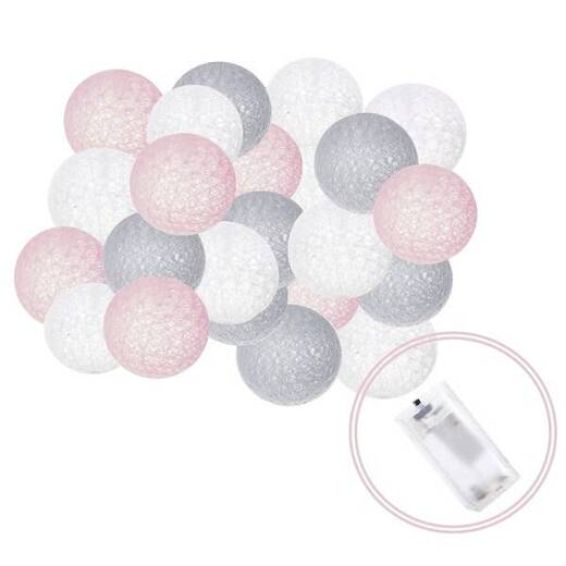 Lampki dekoracyjne cotton balls 20 LED 20 kul różowe szare