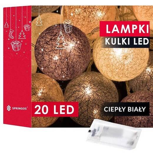 Lampki dekoracyjne cotton balls 20 LED 20 kul różowe szare