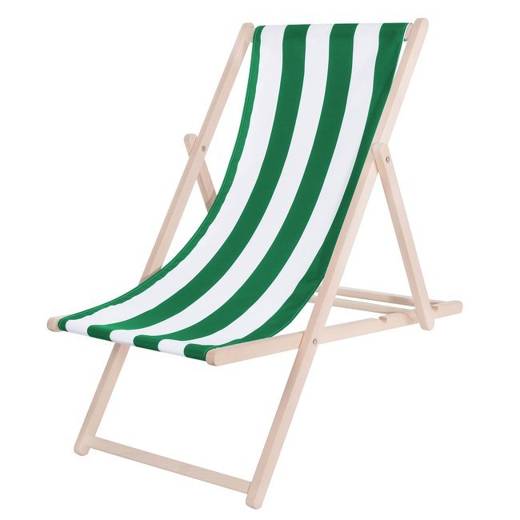 Leżak drewniany lakierowany, plażowa leżanka z materiałem zielone pasy