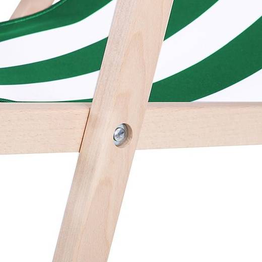 Leżak ogrodowy składany, drewniany z materiałem w biało-zielone pasy