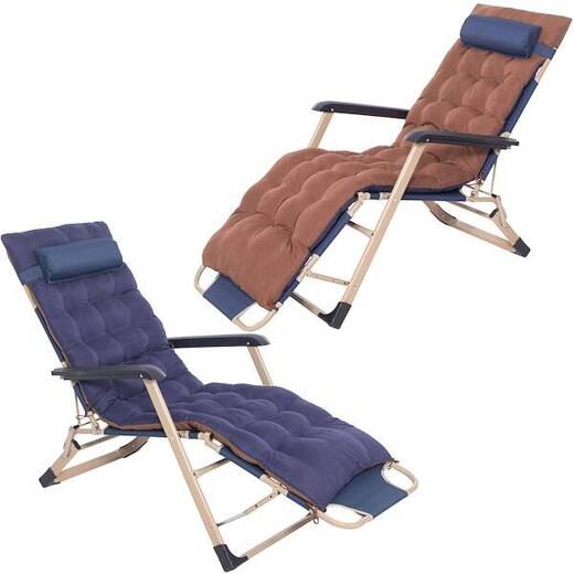 Leżak plażowy składany z podnóżkiem, fotel ogrodowy z poduszką granatowy