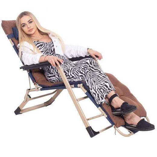 Leżak plażowy składany z podnóżkiem, fotel ogrodowy z poduszką granatowy