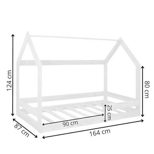 Łóżko drewniane dla dziecka z barierką i stelażem, domek 160x80 cm białe