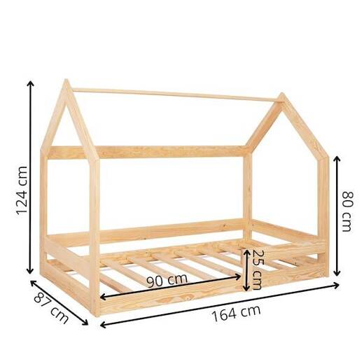 Łóżko drewniane dla dziecka z barierką i stelażem, domek 160x80 cm jasny brąz