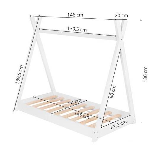 Łóżko dziecięce 145x75cm drewniane łóżeczko tipi ze stelażem, domek dla dziecka, białe