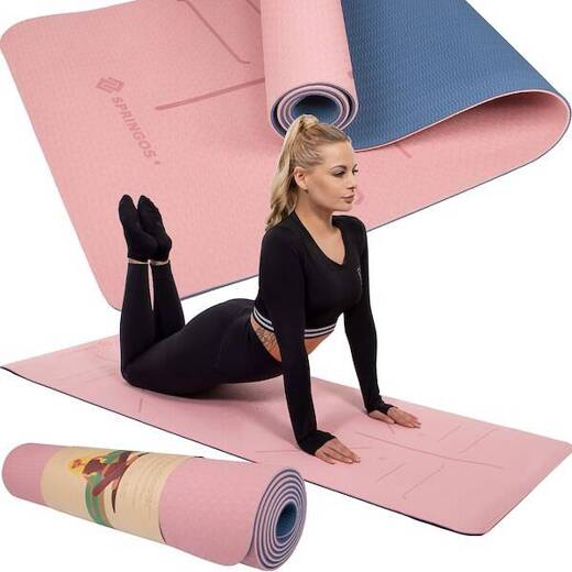 Mata do jogi 183 cm różowo-niebieska do ćwiczeń fitness, pilatesu