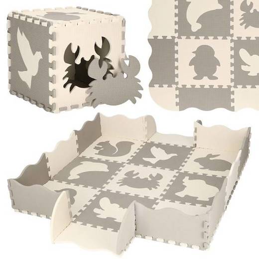 Mata piankowa 120x120 cm zwierzaki puzzle dla dzieci szaro-beżowe pianka EVA