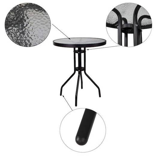 Meble ogrodowe 2 krzesła i okragły stół ze szklanym blatem zestaw na taras czarno-szary 