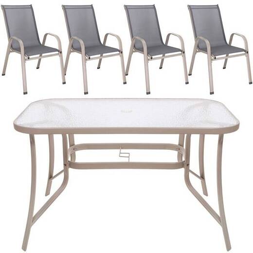 Meble ogrodowe 4krzesła, stół ze szkłem hartowanym zestaw dla 4 osób szary