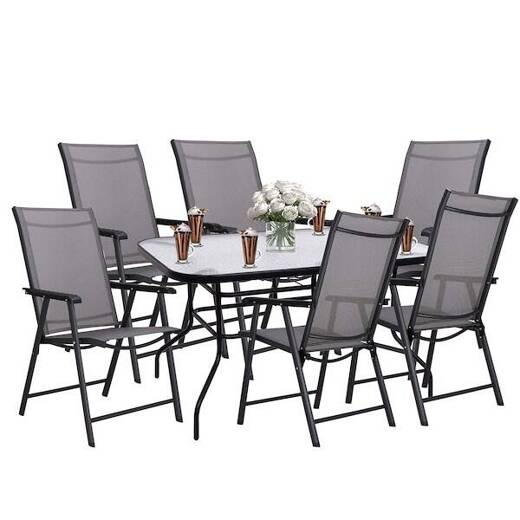 Meble ogrodowe 6 krzeseł, stół ze szkłem hartowanym zestaw na taras czarno-szary