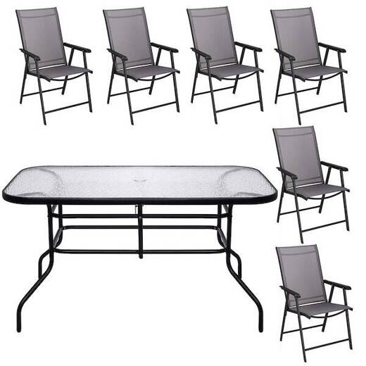 Meble ogrodowe 6 krzeseł, stół ze szkłem hartowanym zestaw na taras czarno-szary