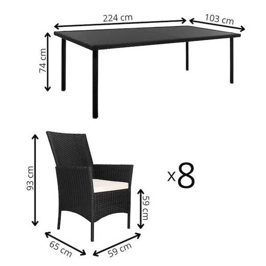 Meble ogrodowe: stół 224x103 cm, wys. 74 cm blat z ciemnego szkła hartowanego, krzesła technorattan 8 szt. czarne