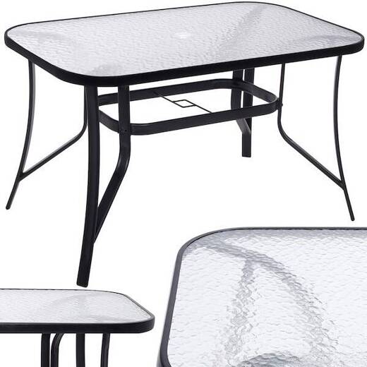Meble ogrodowe, zestaw na taras dla 6 osób metalowe: 6 krzeseł i stół z bezbarwnym szklanym blatem, czarny 