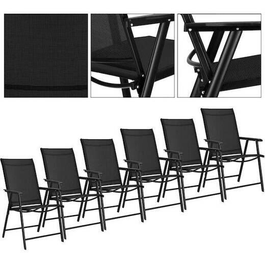 Meble ogrodowe, zestaw na taras dla 6 osób metalowe: 6 krzeseł i stół z bezbarwnym szklanym blatem, czarny 