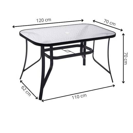 Meble ogrodowe zestaw na taras dla 6 osób: stół z bezbarwnym szklanym blatem i 6 krzeseł metalowe, czarno-szary