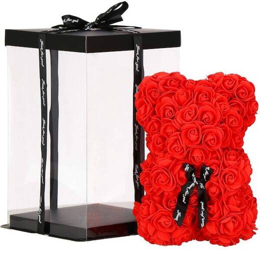 Miś z płatków róż czerwony 25 cm rose bear z kokardką i lampkami LED biały ciepły