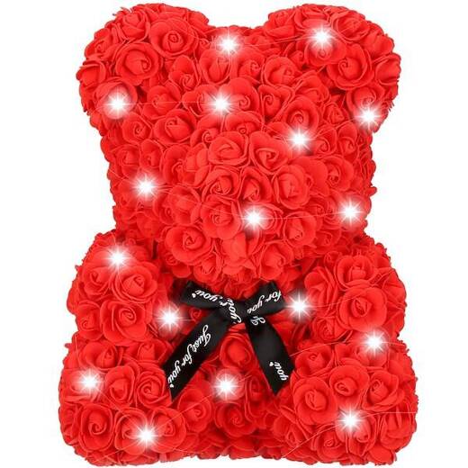 Miś z płatków róż czerwony 40 cm rose bear z lampkami LED zimny biały