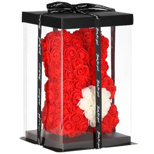 Miś z płatków róż czerwony z sercem, 25 cm rose bear z lampkami LED biały zimny
