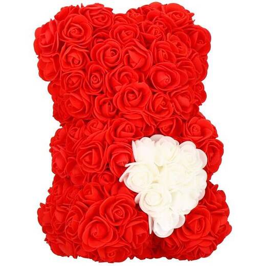 Miś z płatków róż czerwony z sercem, 30 cm rose bear z lampkami LED biały ciepły