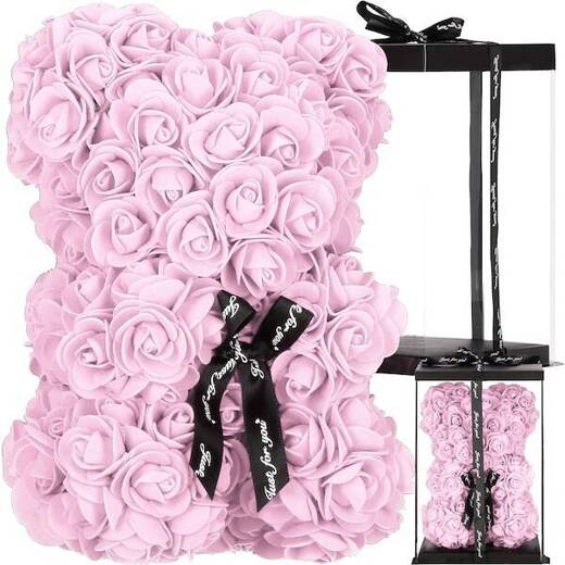 Miś z płatków róż różowy 25 cm rose bear z lampkami LED biały ciepły