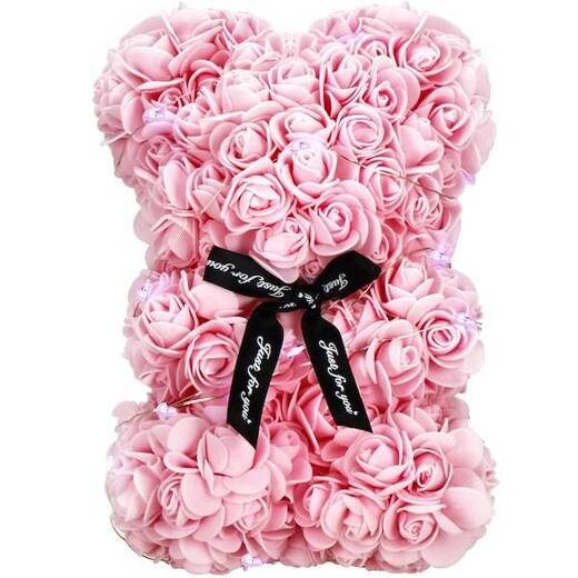 Miś z płatków róż różowy 25 cm rose bear z lampkami LED biały zimny