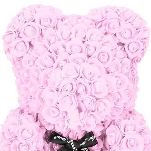 Miś z płatków róż różowy 35 cm rose bear z kokardką i pudełkiem prezentowym