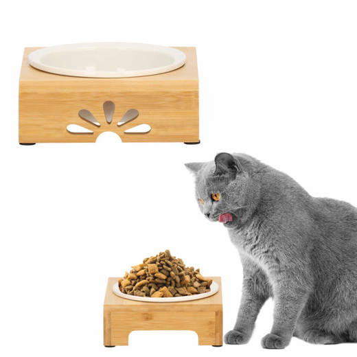 Miska dla psa i kota ceramiczna z antypoślizgową, bambusową podstawką biała