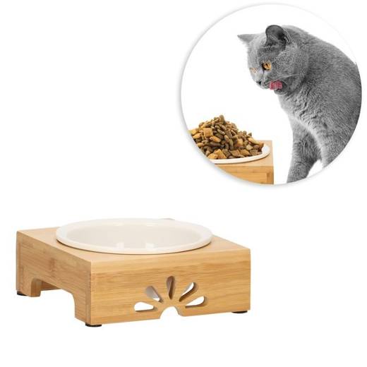 Miska dla psa i kota ceramiczna z antypoślizgową, bambusową podstawką biała