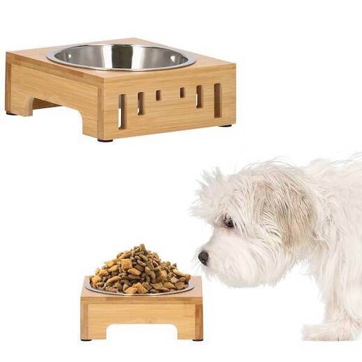 Miska dla psa i kota metalowa z antypoślizgową, bambusową podstawką srebrna