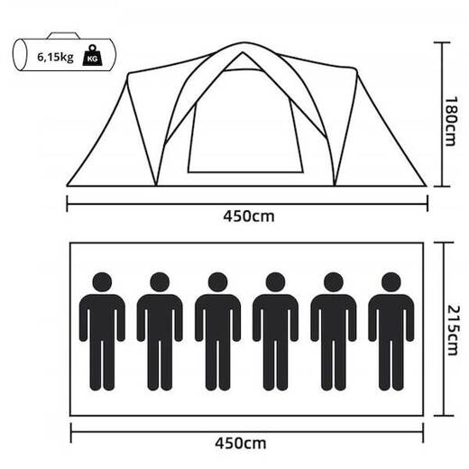 Namiot turystyczny 6-osobowy 215x450x180 cm z moskitierą i pokrowcem wodoodporny szary