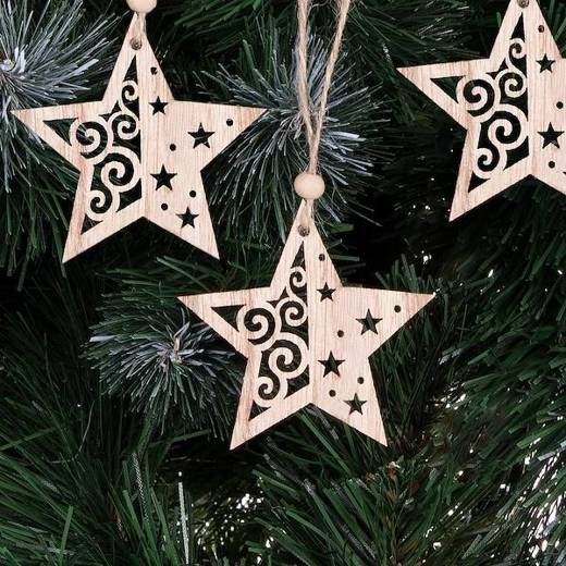 Ozdoba choinkowa 7cm drewniana, świąteczna zawieszka gwiazdy zestaw 6 szt.