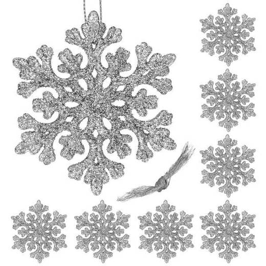 Ozdoba choinkowa 8cm, świąteczna srebrny brokat, zawieszka śnieżynki zestaw 8 szt