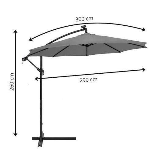 Parasol ogrodowy z oświetleniem led na wysięgniku 300 cm składany na balkon, taras grafitowy