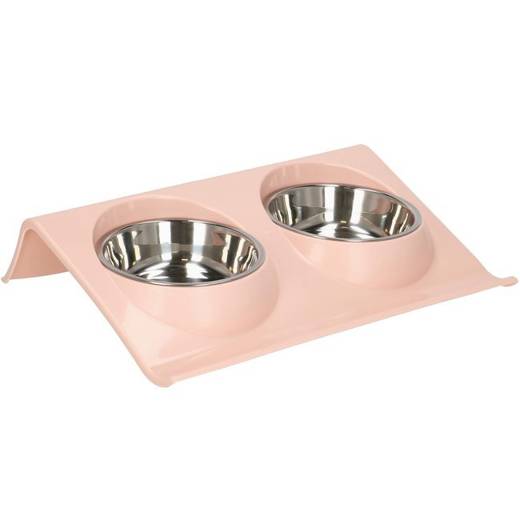 Podwójna miska dla psa i kota metalowa z podstawką różowa