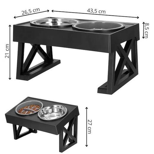 Podwójna miska metalowa dla psa i kota na stojaku o 3 -stopniowej wysokości, spowalniająca jedzenie, czarna