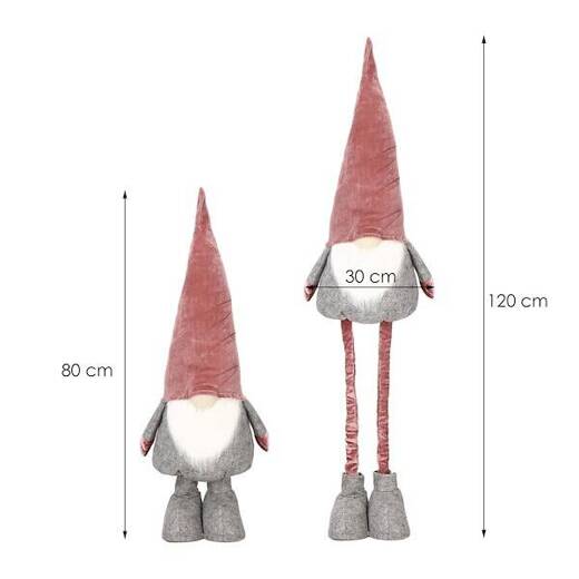 Skrzat 80-120 cm welurowy krasnal świąteczny, gnom różowy na teleskopowych nóżkach