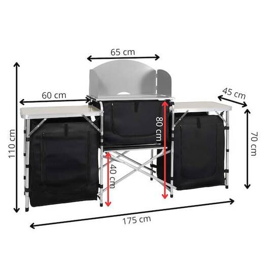 Stół turystyczny kuchnia kempingowa z 3 blatami 175x45x110 cm składana w walizkę