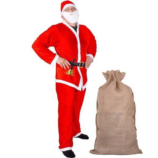 Strój Świętego Mikołaja 9 elementowy z brzuchem i workiem jutowym czerwony kostium
